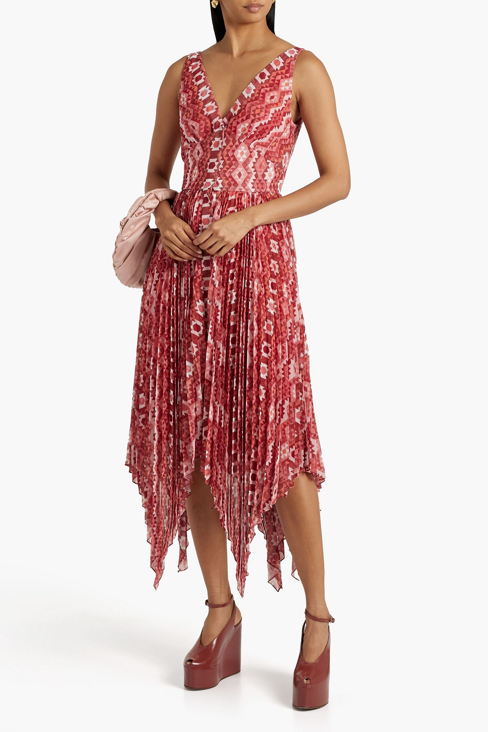 Shop Altuzarra Annabella Pleated Printed Chiffon Midi Dress In Brick