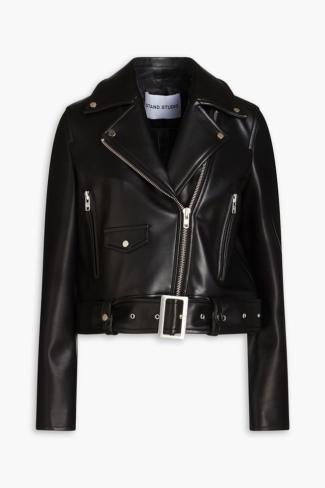 Esmeralda belted faux leather biker jacket