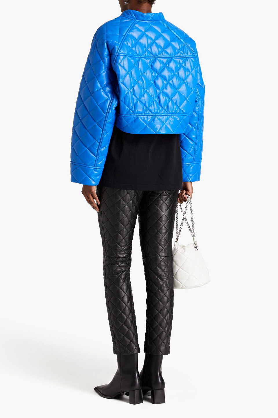 Stand Studio Ava Cropped Quilted Faux Leather Jacket In Blue