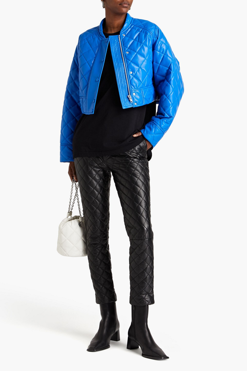 Stand Studio Ava Cropped Quilted Faux Leather Jacket In Blue