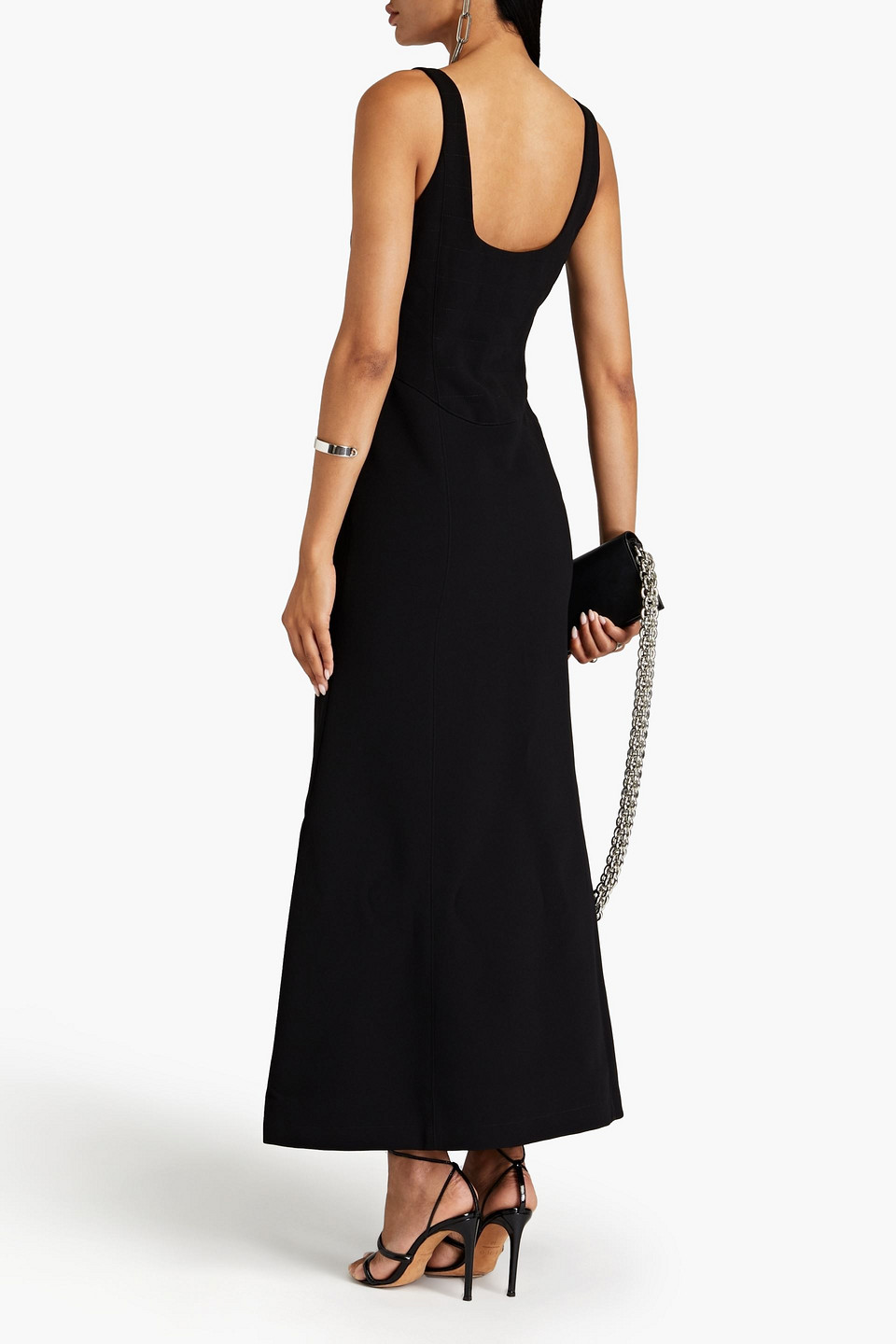 Shop Paris Georgia Lottie Faux Leather-trimmed Crepe Maxi Dress In Black