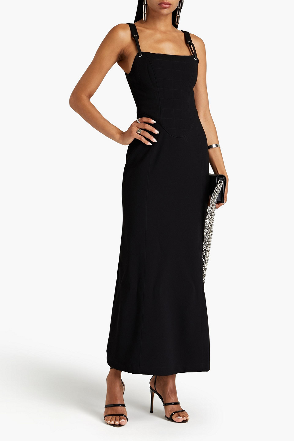 Shop Paris Georgia Lottie Faux Leather-trimmed Crepe Maxi Dress In Black