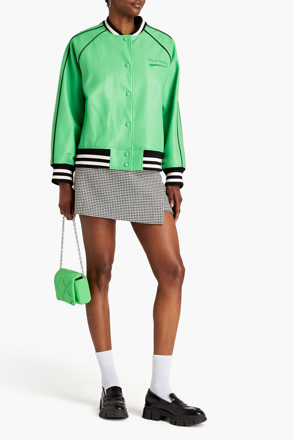 Shop Stand Studio Eloise Faux Leather Bomber Jacket In Green