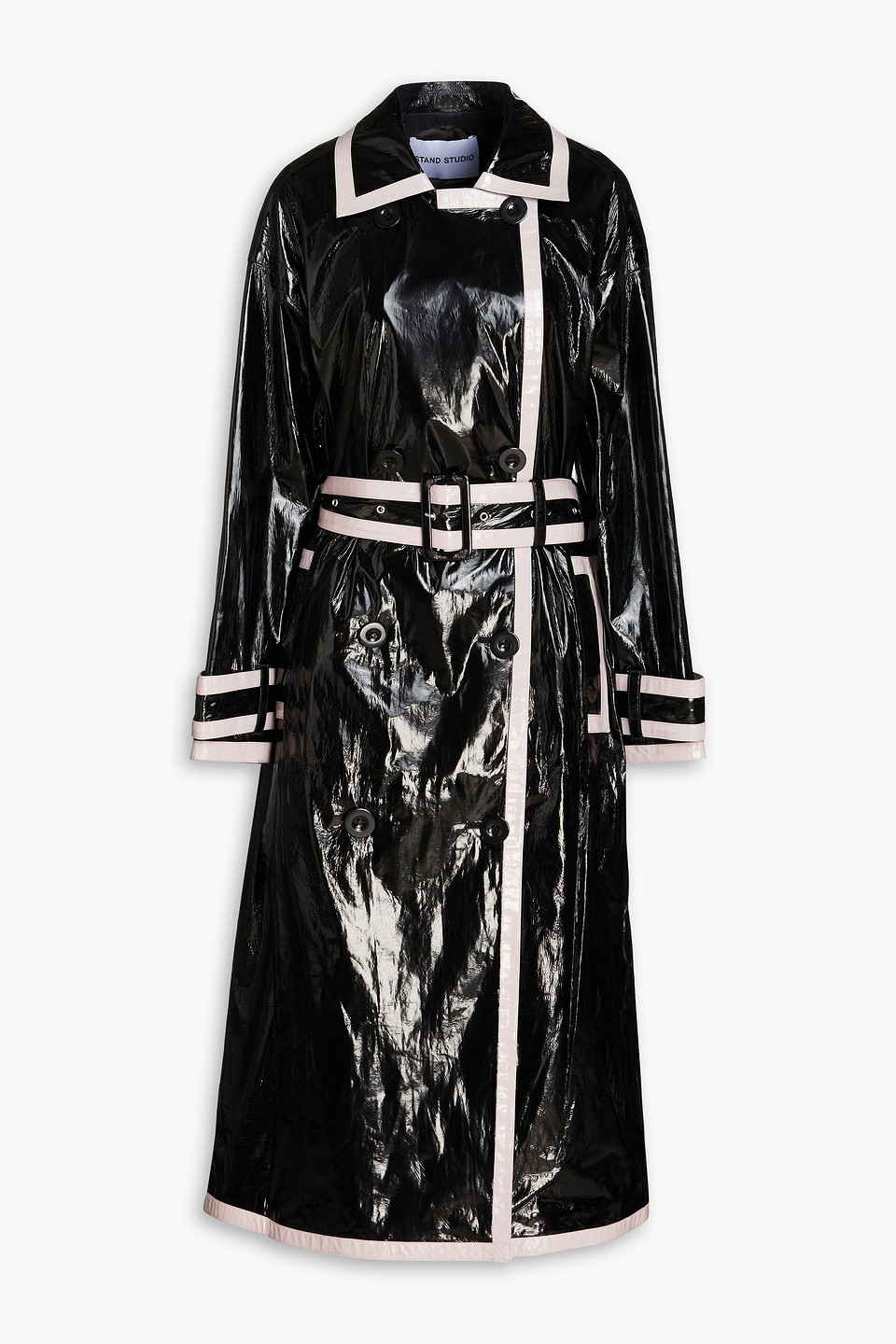 Stand Studio Katharina Two-tone Faux Patent-leather Trench Coat In Black