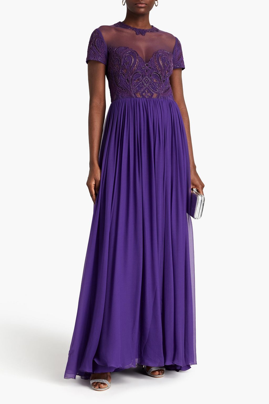 ZUHAIR MURAD Embellished gathered tulle-paneled silk-blend chiffon gown