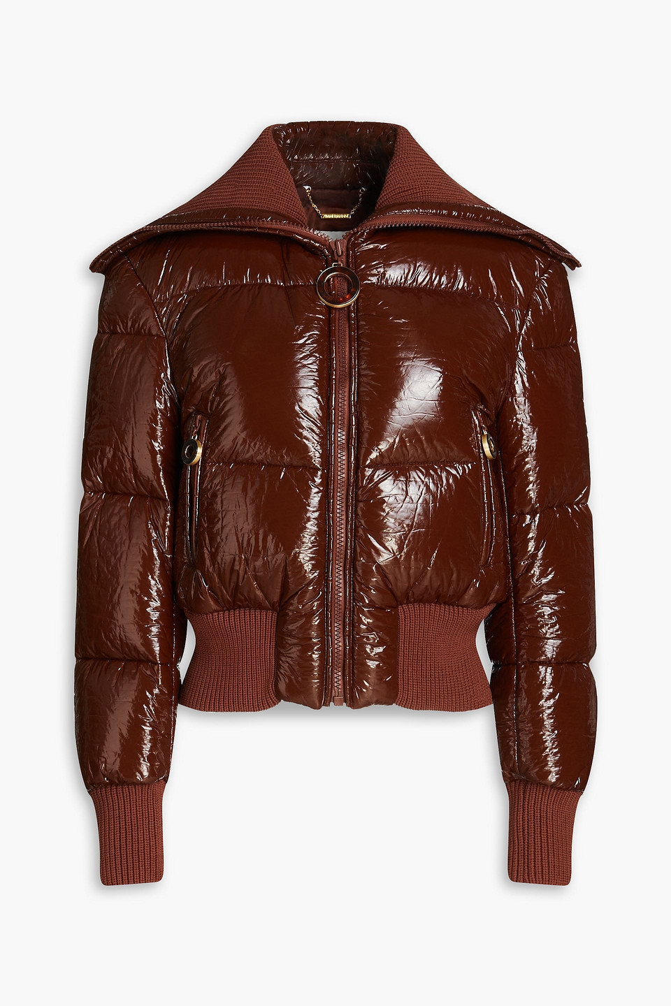 Zimmermann Quilted Faux Patent-leather Down Jacket In Brown