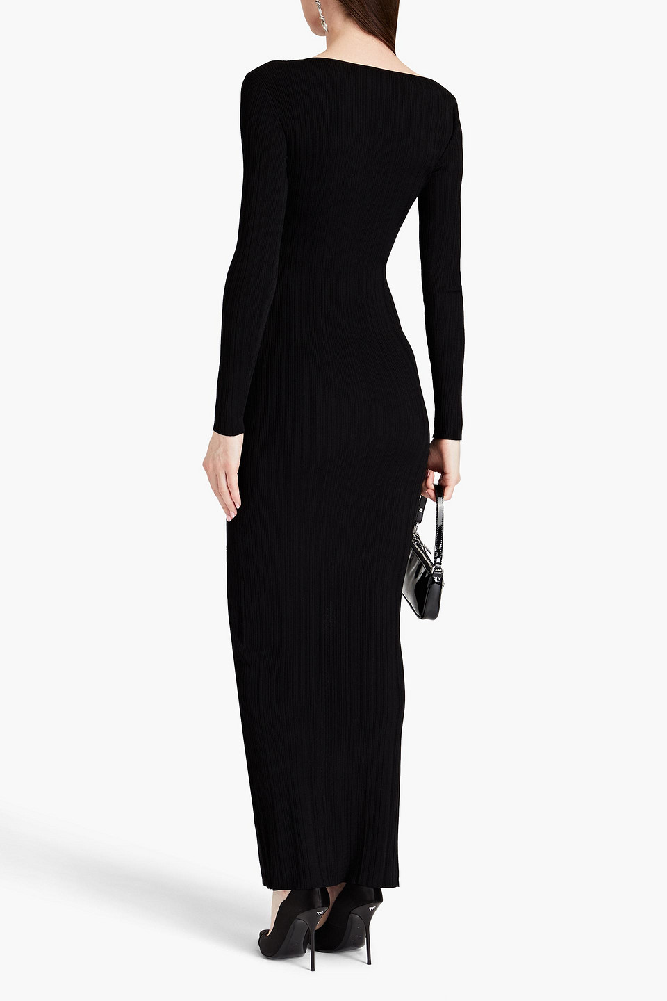 Shop Paris Georgia Lola Cutout Studded Ribbed-knit Maxi Dress In Black