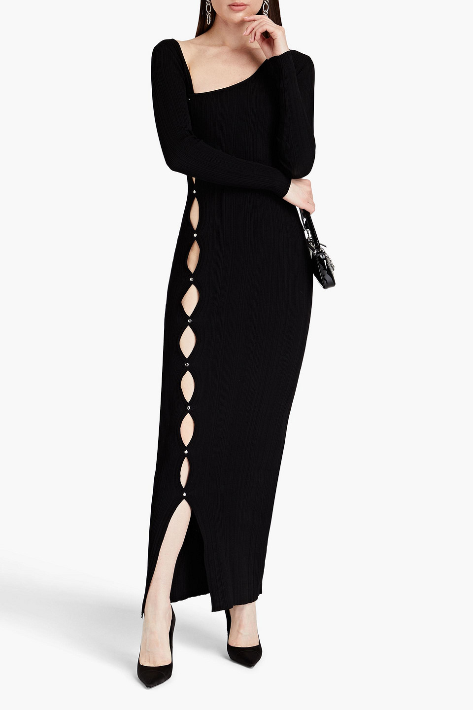 Shop Paris Georgia Lola Cutout Studded Ribbed-knit Maxi Dress In Black