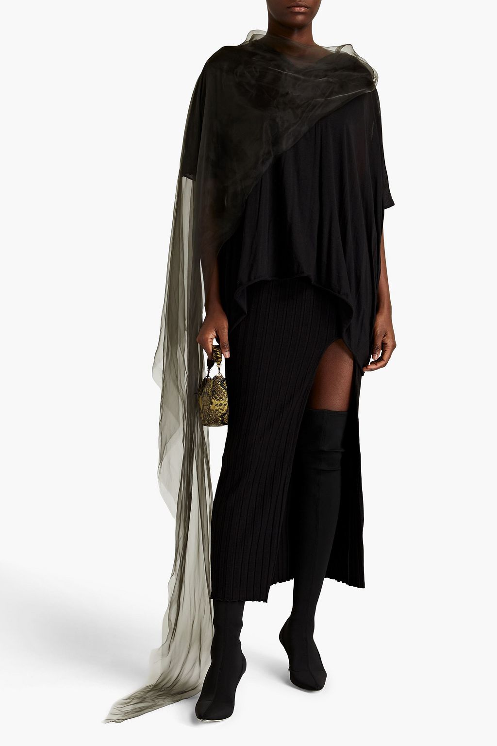 RICK OWENS تيشيرت من الجيرسيه القطني بأجزاء من الفوال بتصميم منسدل