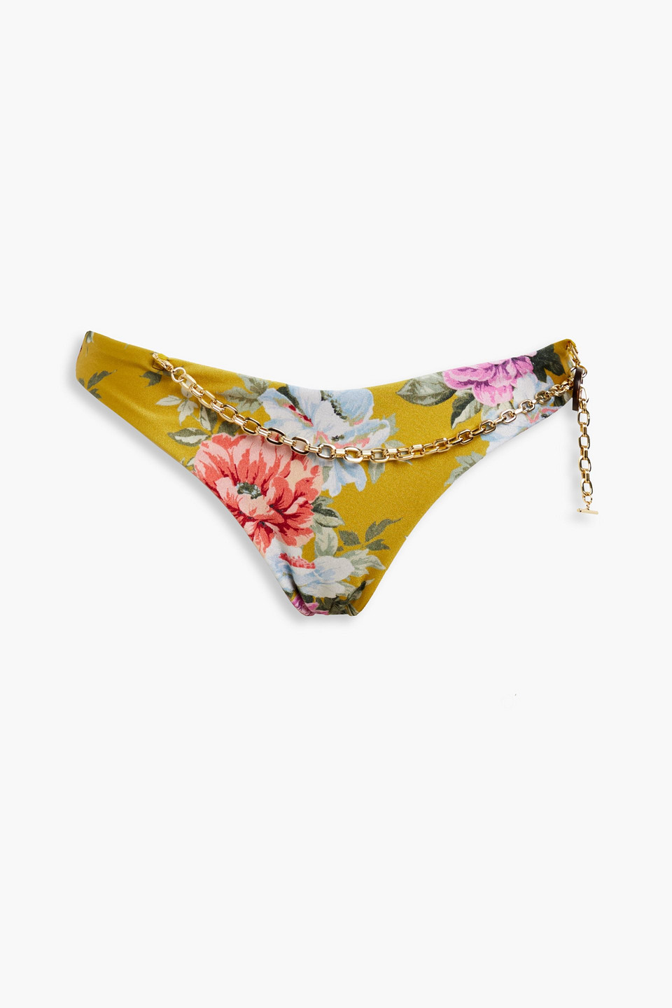 Zimmermann Chain-embellished Floral-print Bikini Briefs In Mustard