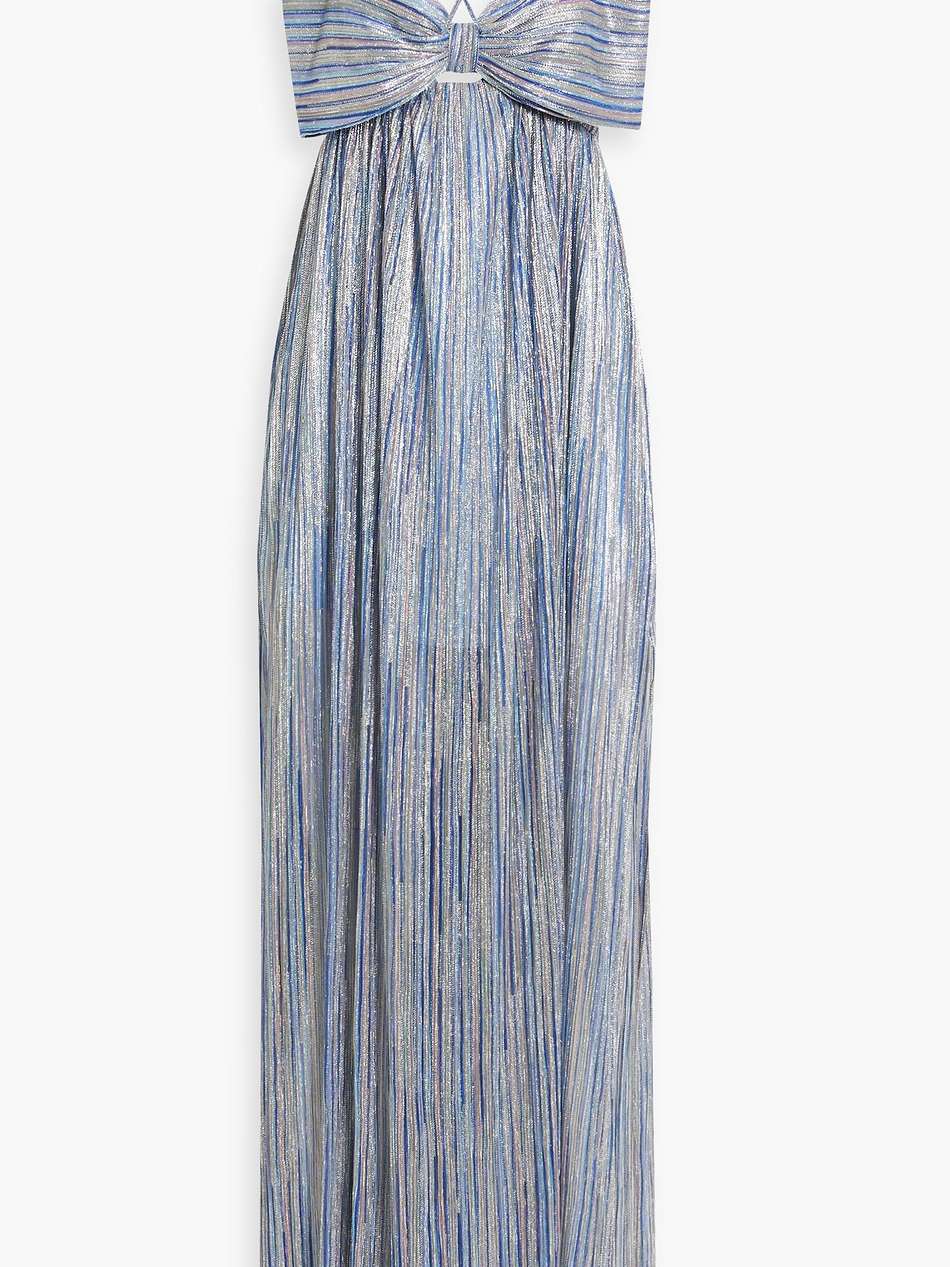 lakia cutout bow-embellished metallic crochet-knit maxi dress
