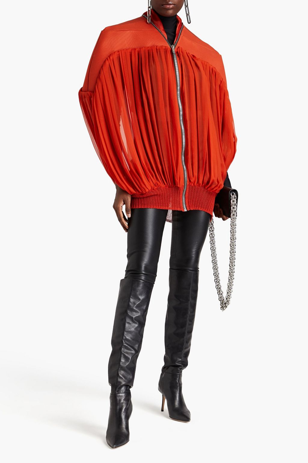 RICK OWENS 플리츠 디테일 시폰 패널 코튼 혼방 오토만 보머 재킷