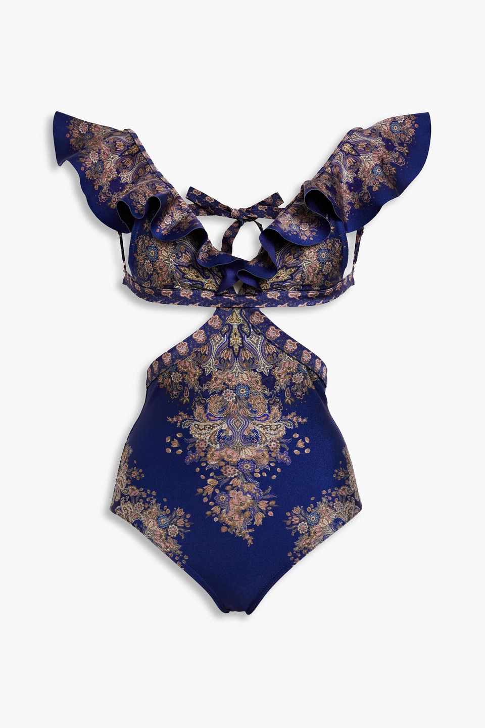 Zimmermann Cutout Ruffled Printed Swimsuit In Indigo
