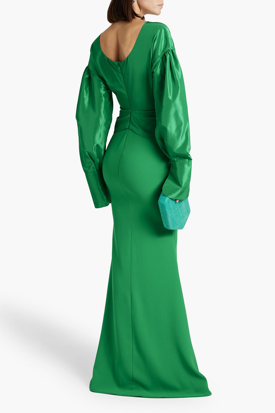 Shop Rhea Costa Draped Taffeta And Crepe Gown In Green