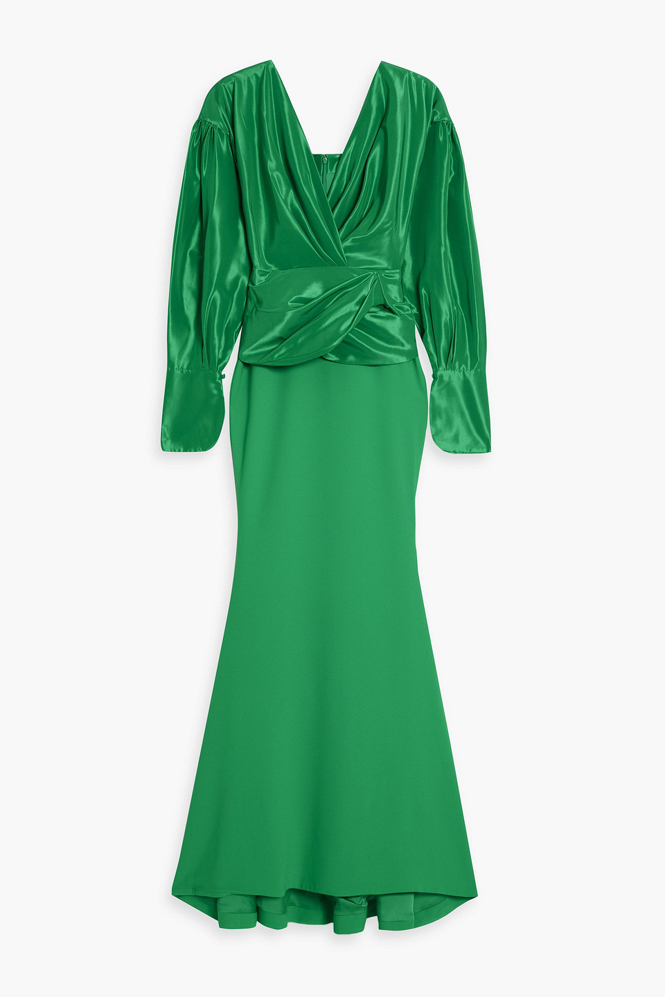 Rhea Costa Draped Taffeta And Crepe Gown In Green