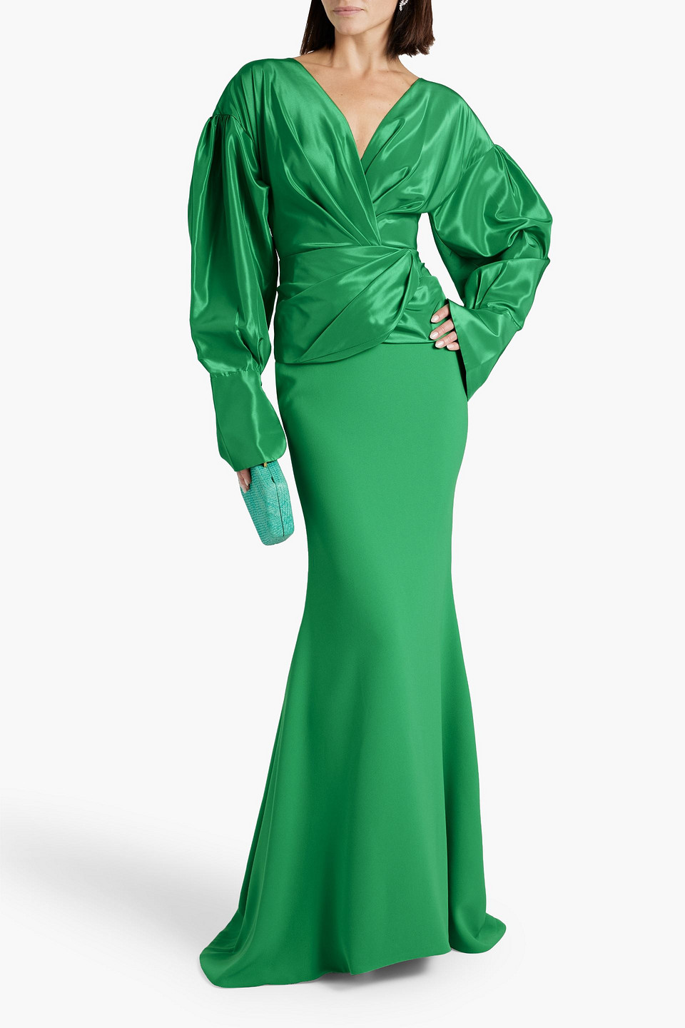 Shop Rhea Costa Draped Taffeta And Crepe Gown In Green