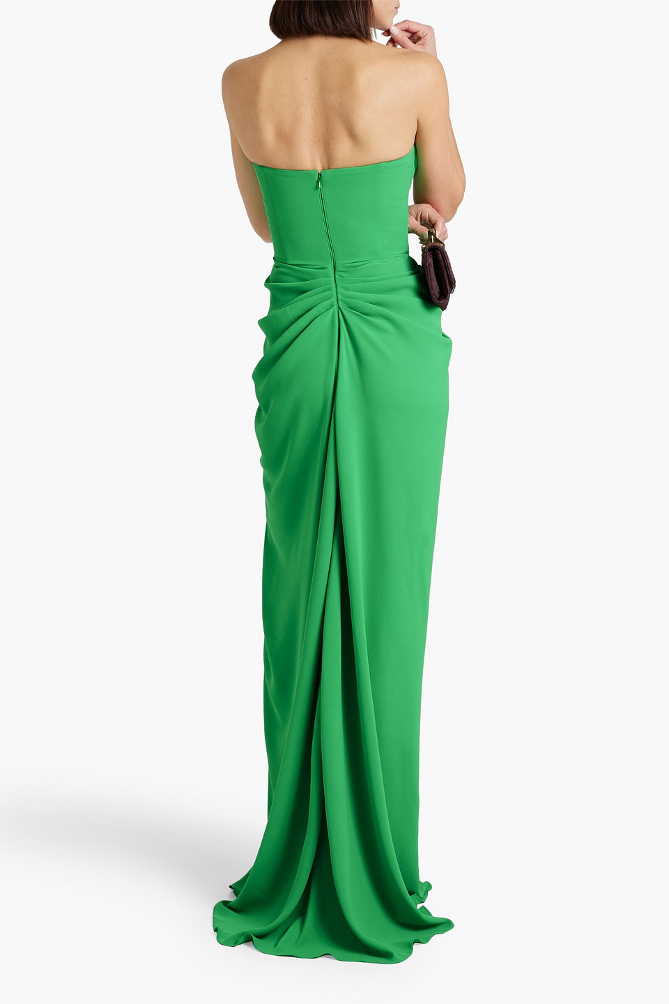 Shop Rhea Costa Strapless Tulle-trimmed Draped Twill Gown In Green