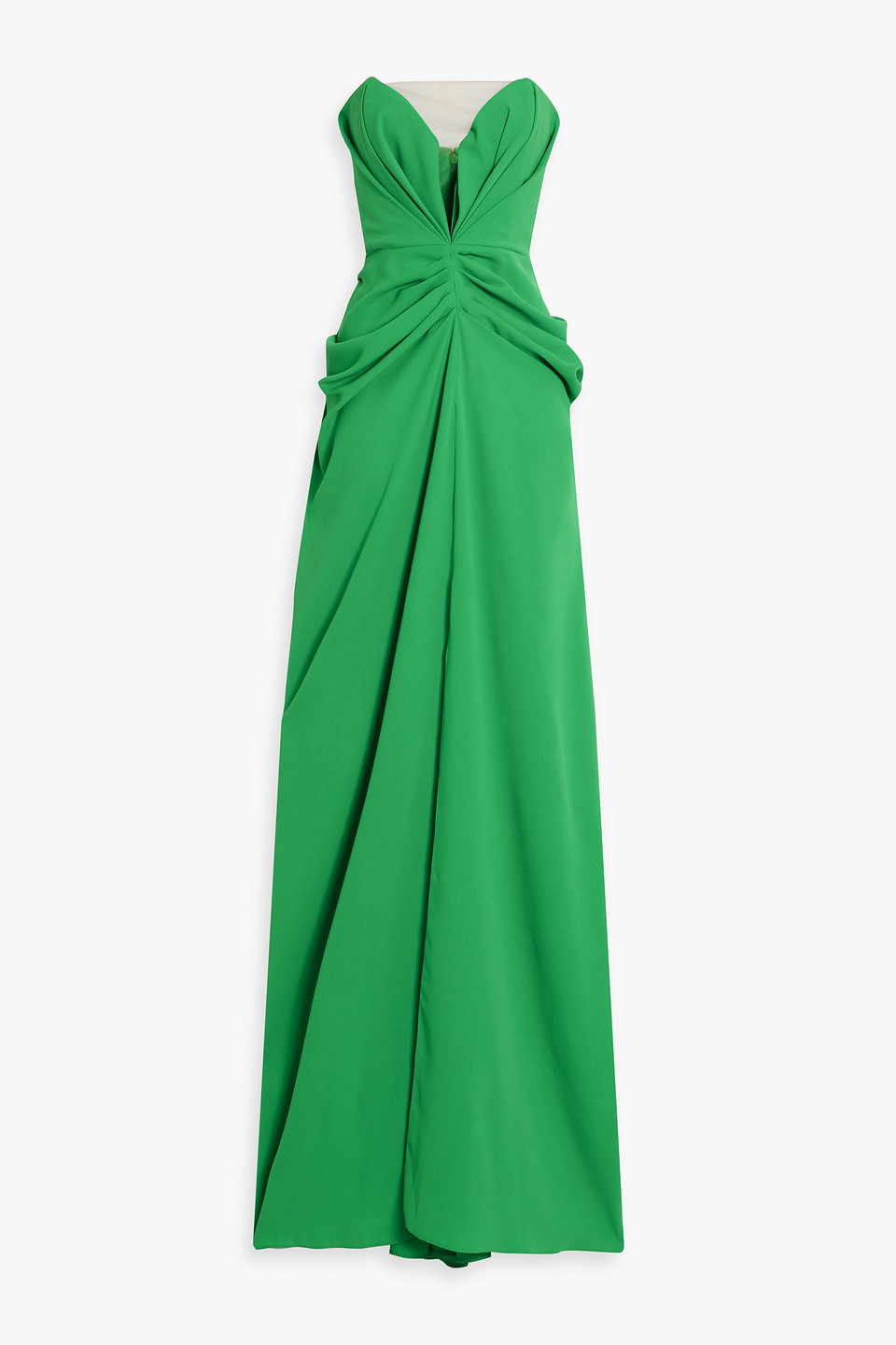 Strapless tulle-trimmed draped twill gown