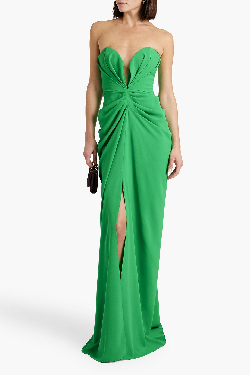 Shop Rhea Costa Strapless Tulle-trimmed Draped Twill Gown In Green