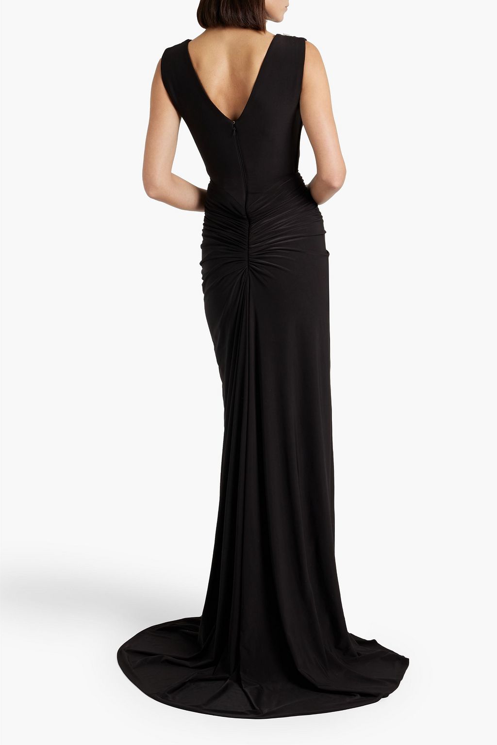 RHEA COSTA Bead-embellished ruched jersey gown