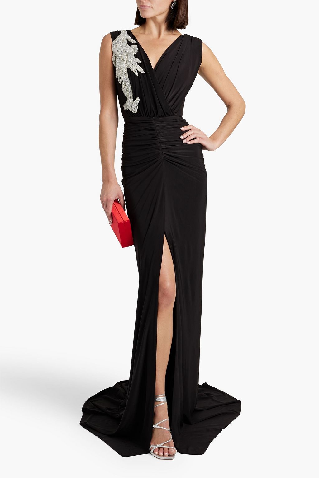 RHEA COSTA Bead-embellished ruched jersey gown