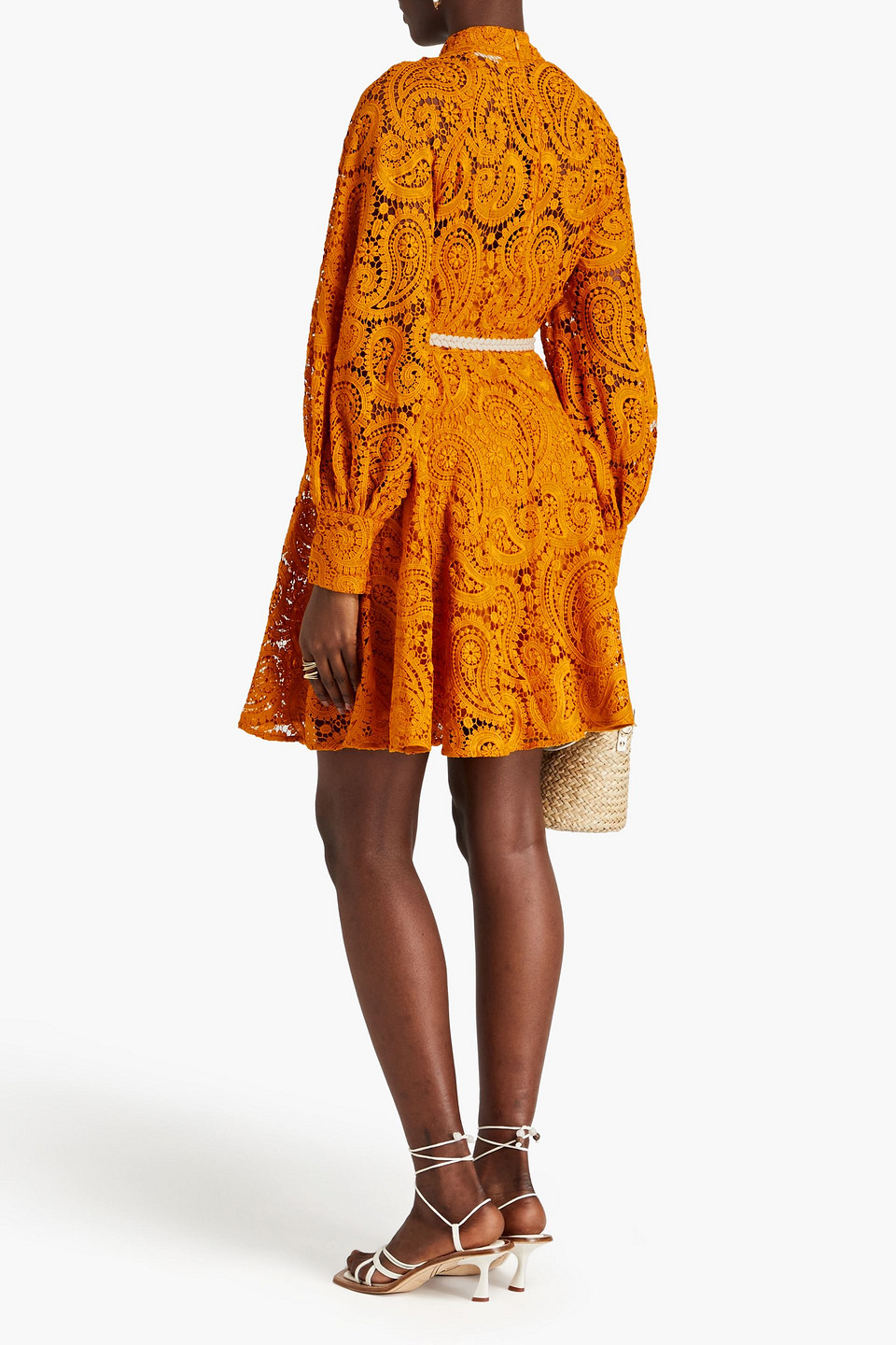 Shop Zimmermann Embellished Macramé Lace Mini Dress In Mustard