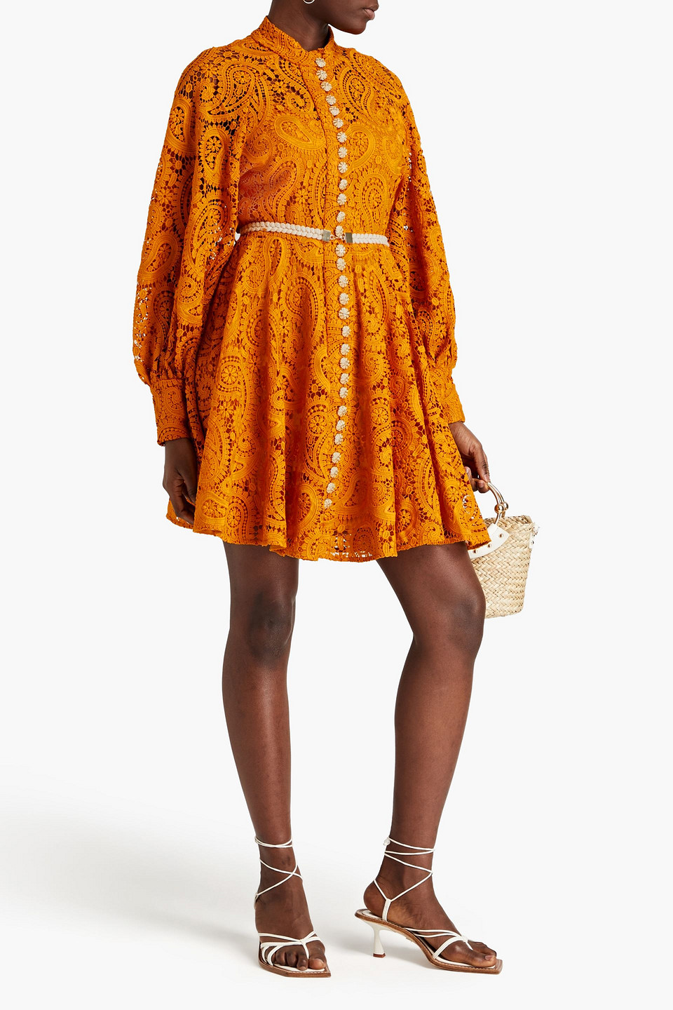 Shop Zimmermann Embellished Macramé Lace Mini Dress In Mustard