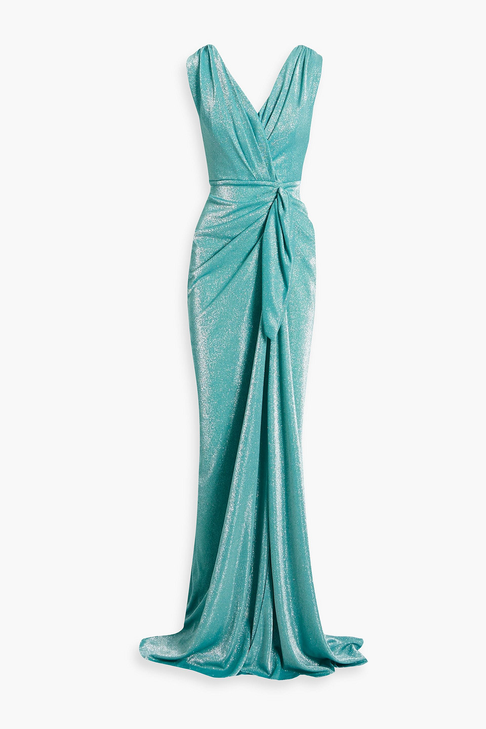 Rhea Costa Draped Glittered Jersey Gown In Teal