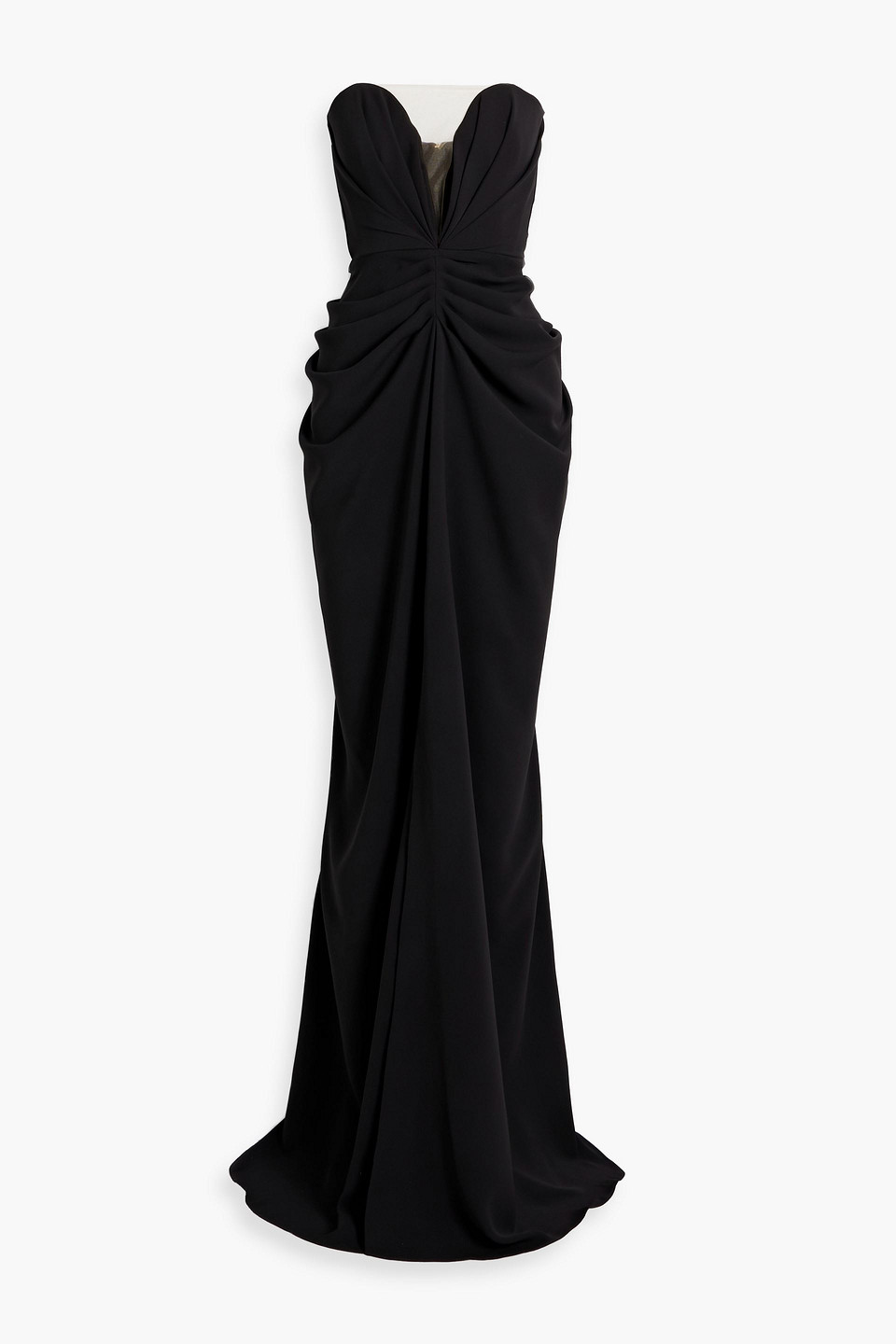 Rhea Costa Strapless Tulle-trimmed Draped Twill Gown In Black