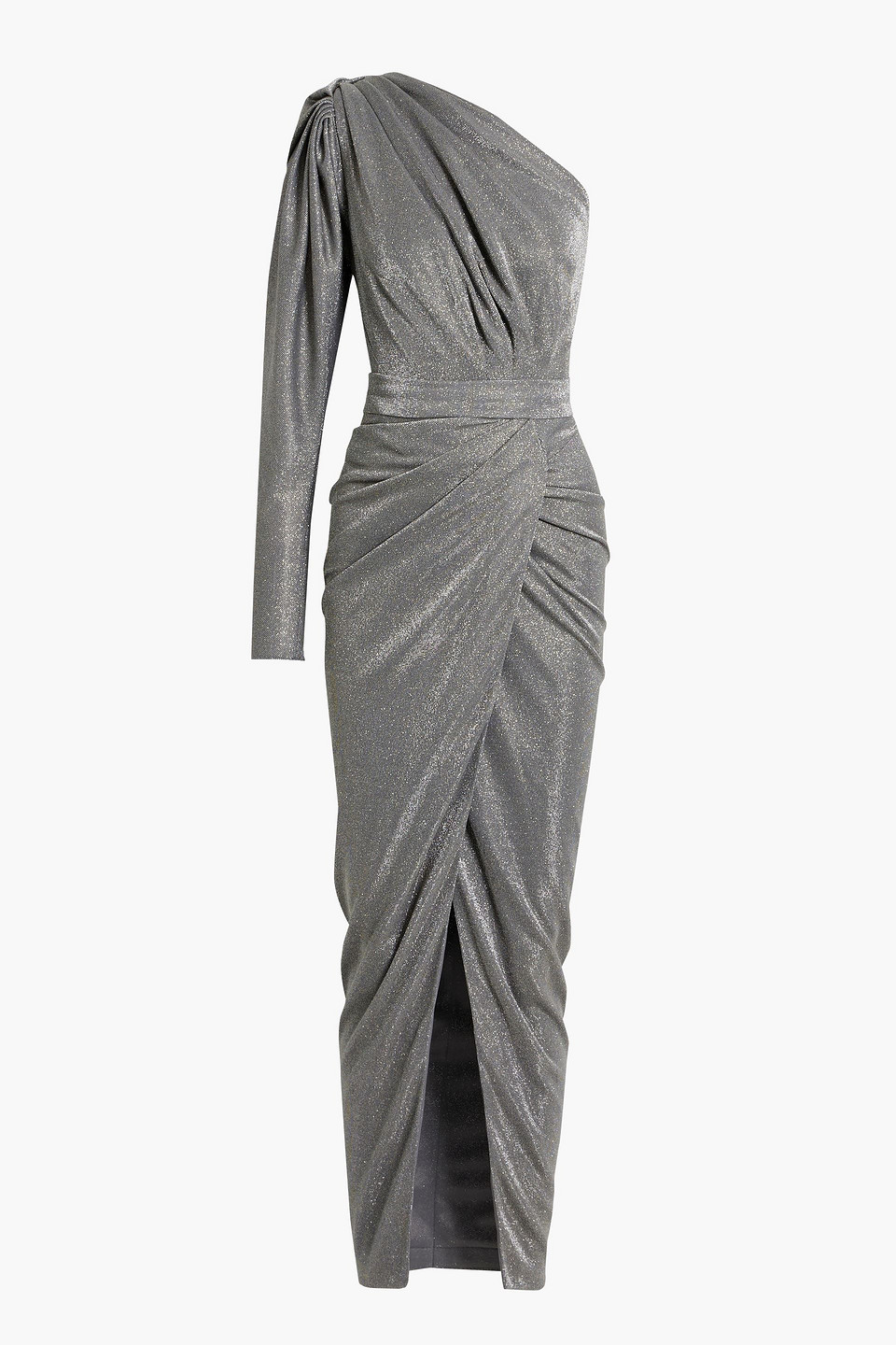 Rhea Costa One-sleeve Draped Glittered Jersey Gown In Silver