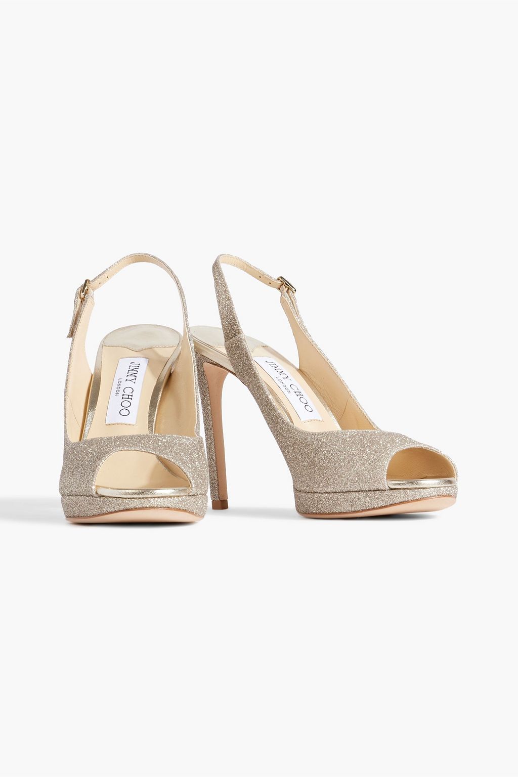 JIMMY CHOO Nova 100 glittered metallic leather slingback sandals | Sale ...