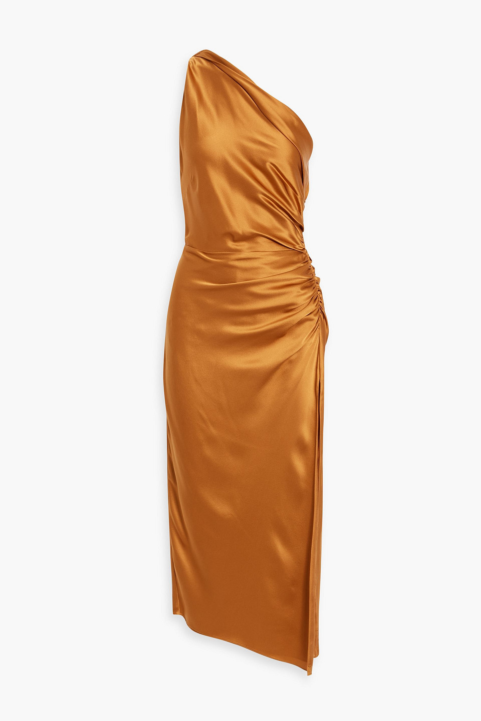 Michelle Mason One-shoulder Ruched Silk-satin Midi Dress In Copper