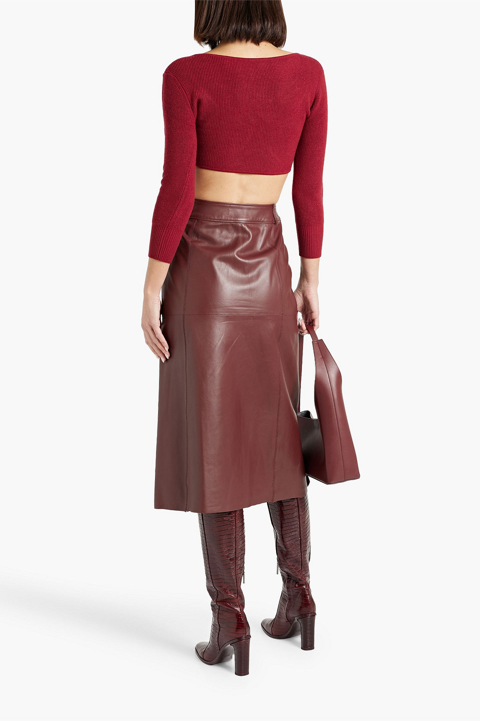 Shop Michelle Mason Cropped Ribbed-knit Top In Claret