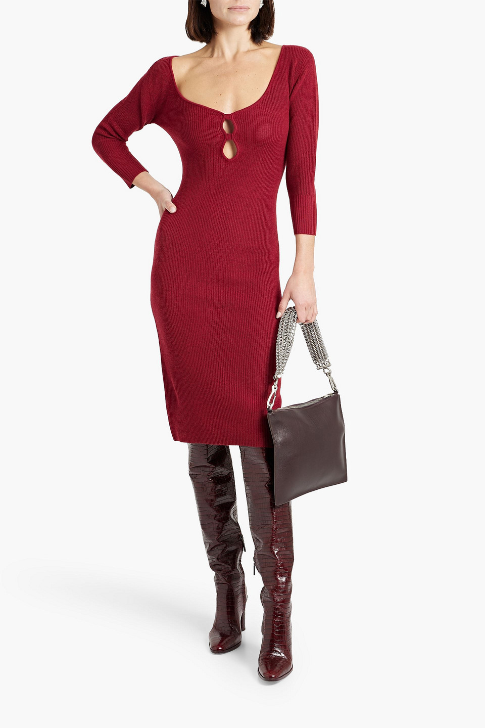 Shop Michelle Mason Cutout Ribbed-knit Dress In Claret