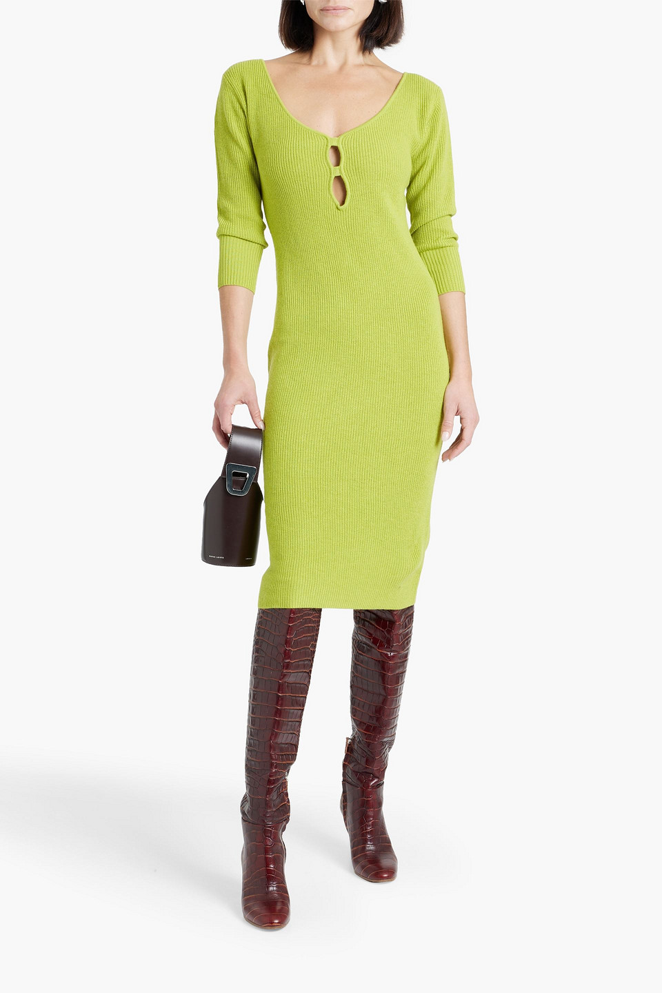 Shop Michelle Mason Cutout Ribbed-knit Dress In Chartreuse