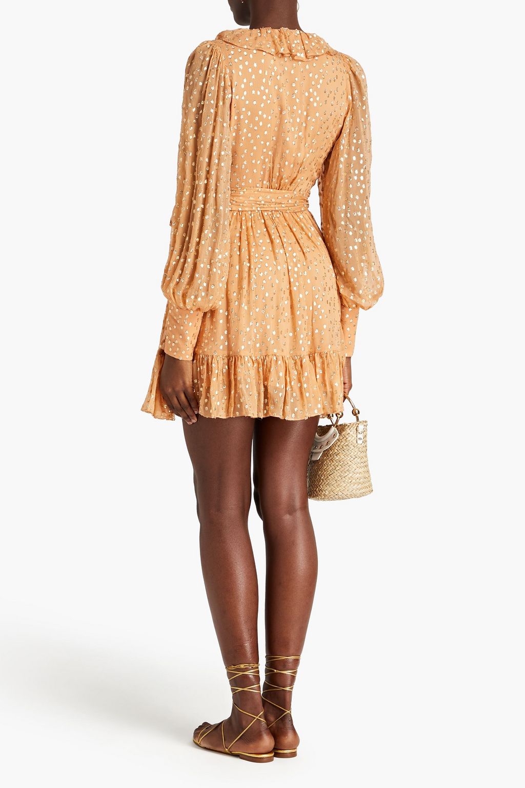 ZIMMERMANN Mini-Wickelkleid aus Krepon aus einer Seidenmischung mit Metallic-Fil-Coupé und Rüschen