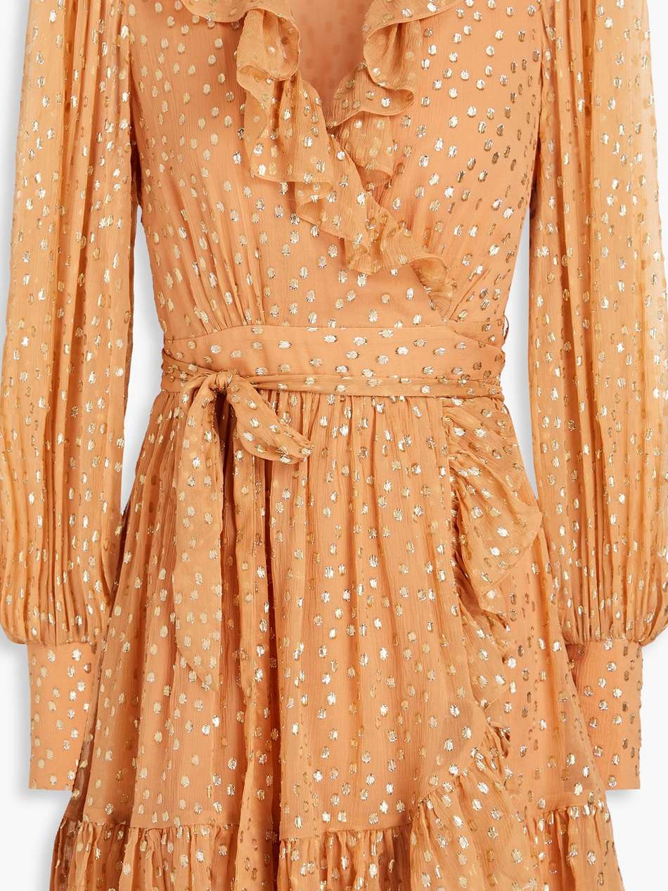 ruffled metallic fil coupé silk-blend crepon mini wrap dress