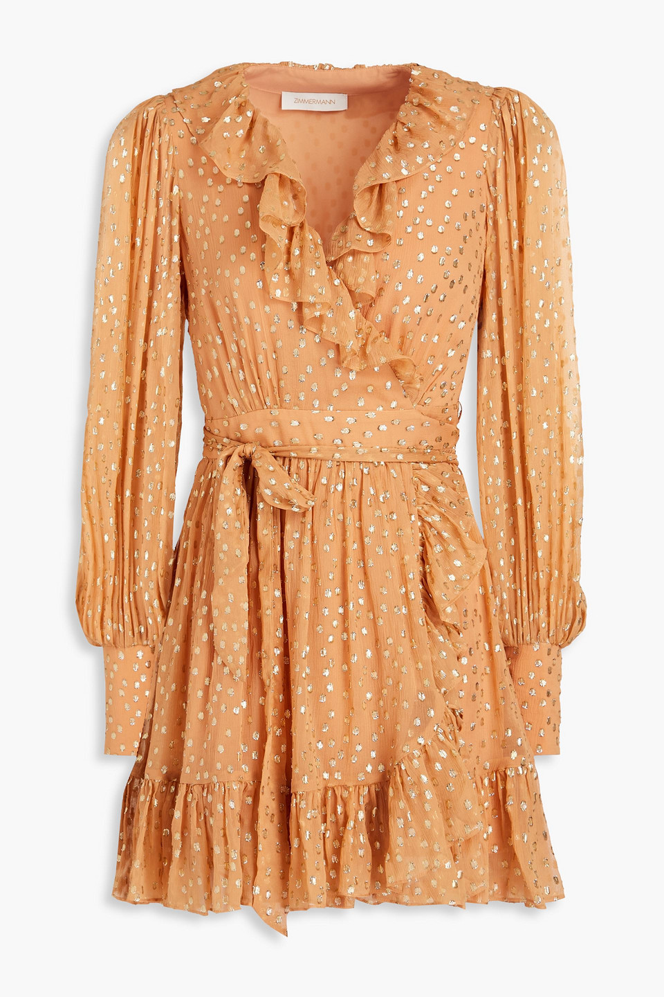 Zimmermann Ruffled Metallic Fil Coupé Silk-blend Crepon Mini Wrap Dress In Camel