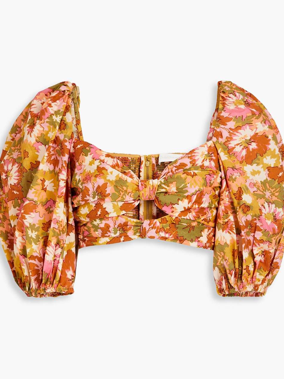cropped cutout floral-print cotton-gauze top