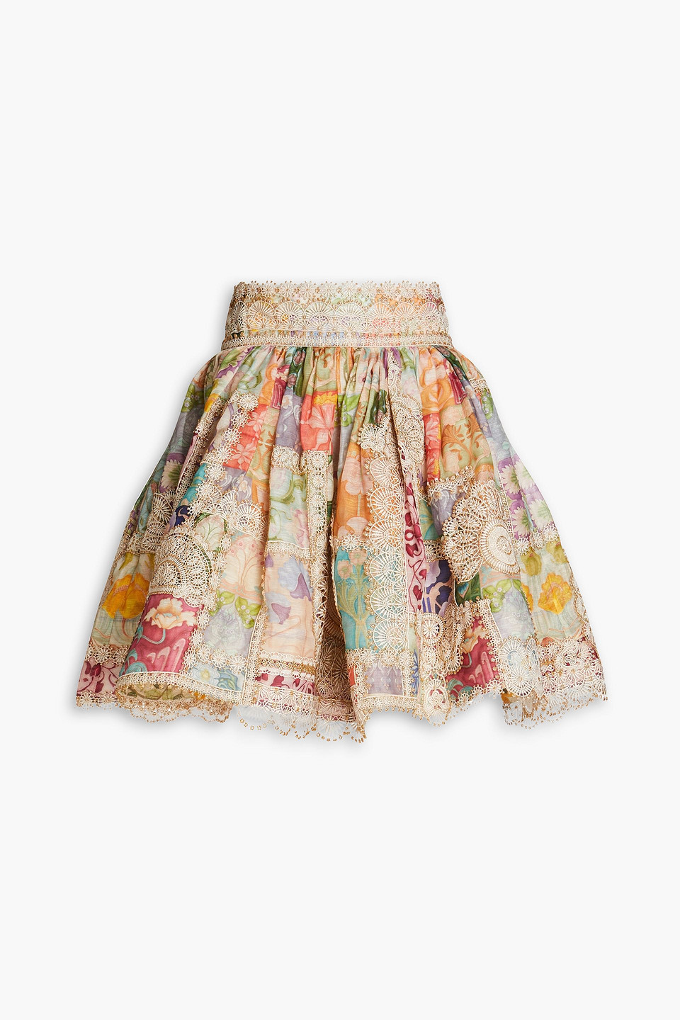 Zimmermann Gathered Printed Linen And Silk-blend Gauze Mini Skirt In Orange