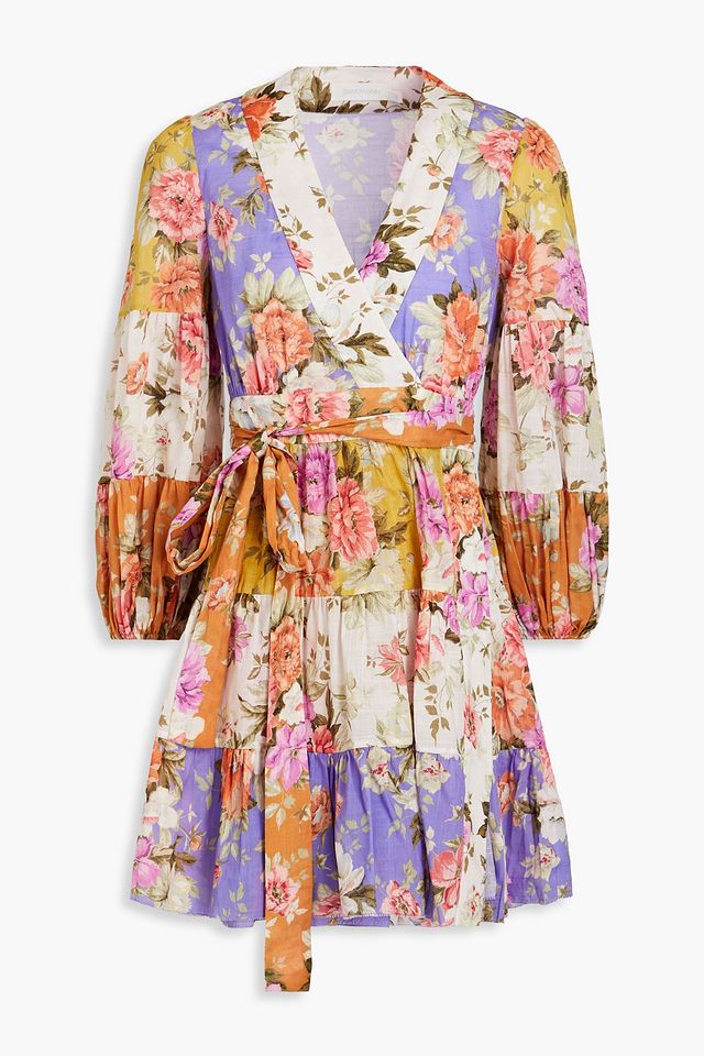 Tiered floral-print cotton mini wrap dress