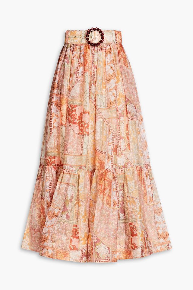 Belted printed linen and silk-blend gauze midi skirt