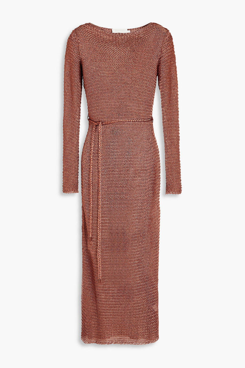 Zimmermann Belted Metallic Crochet-knit Midi Dress In Copper | ModeSens