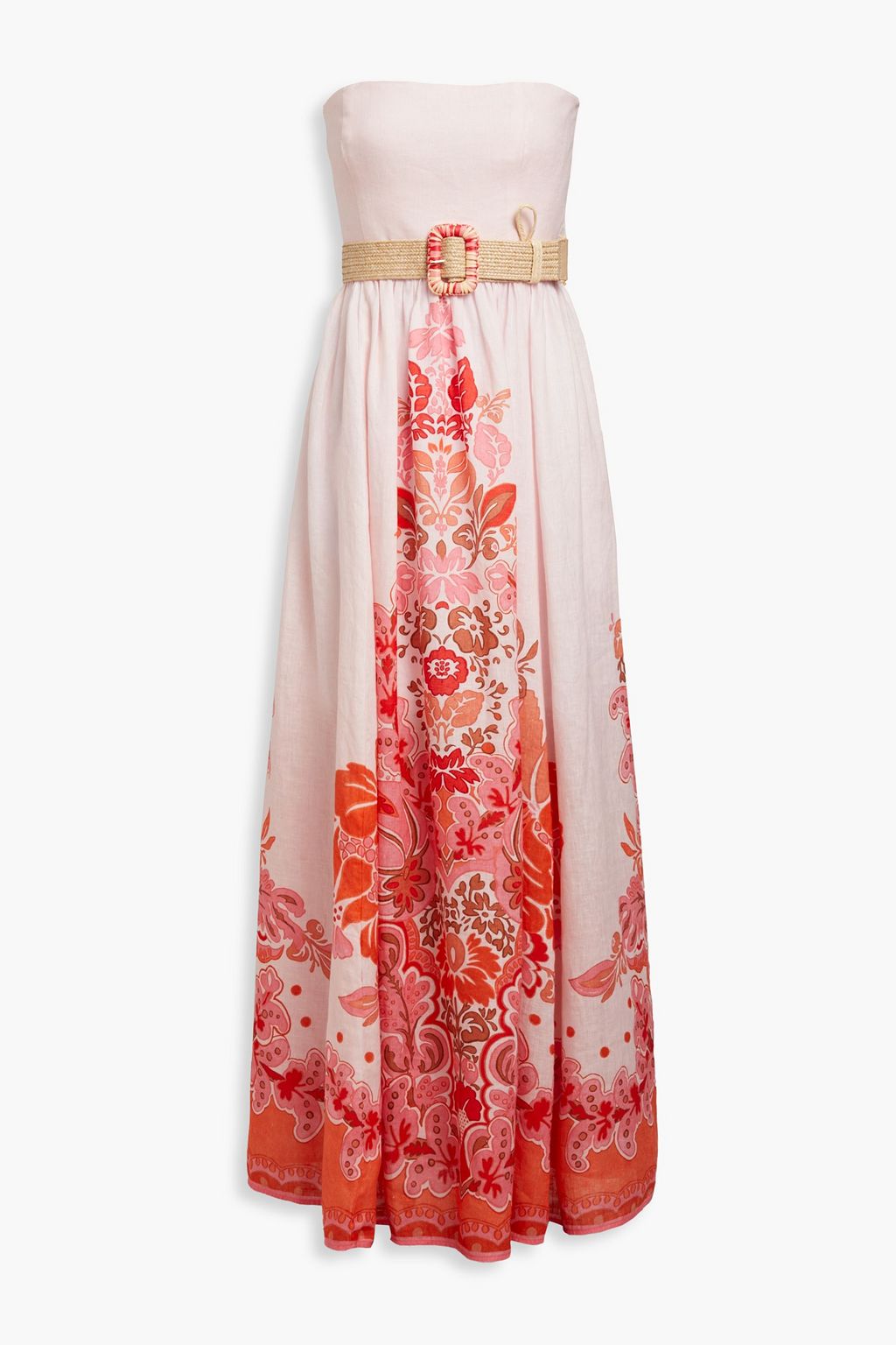 Strapless belted printed linen maxi dress
