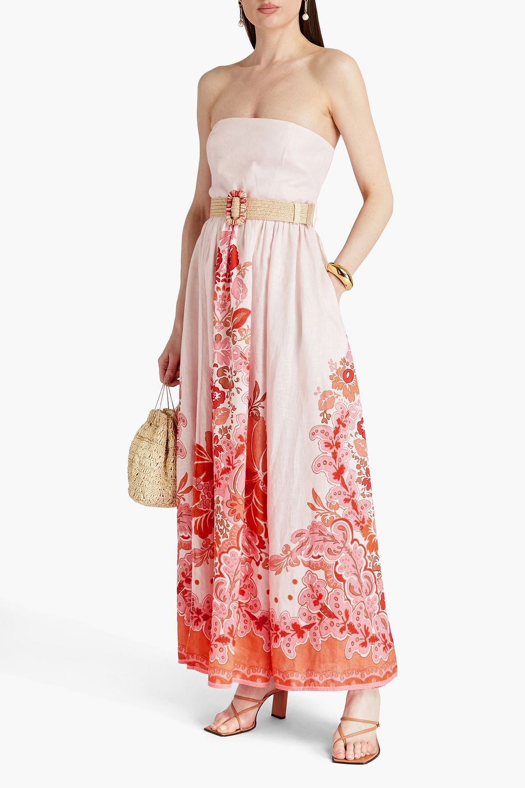ZIMMERMANN Strapless belted printed linen maxi dress