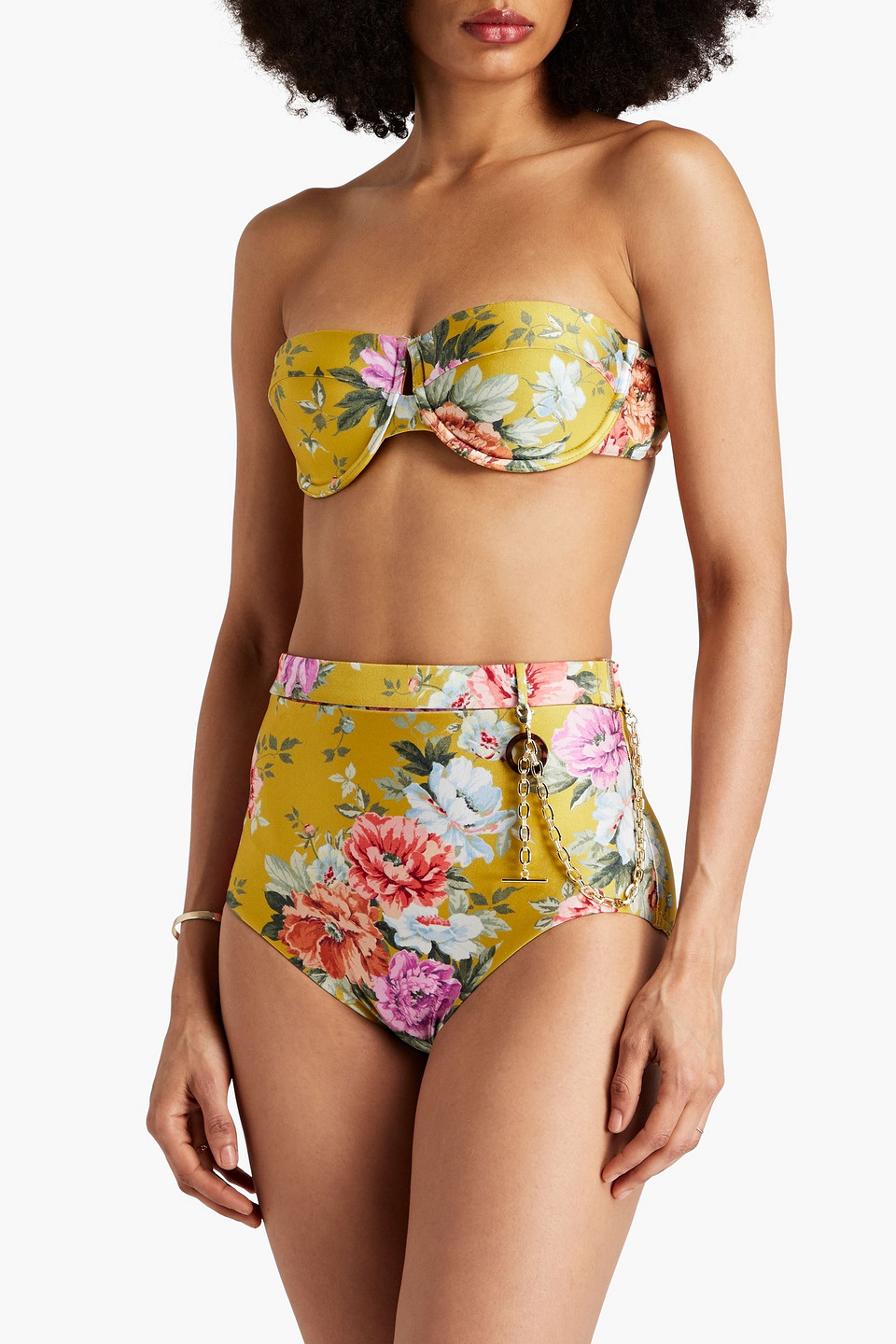 Shop Zimmermann Floral-print Underwired Bandeau Bikini Top In Mustard