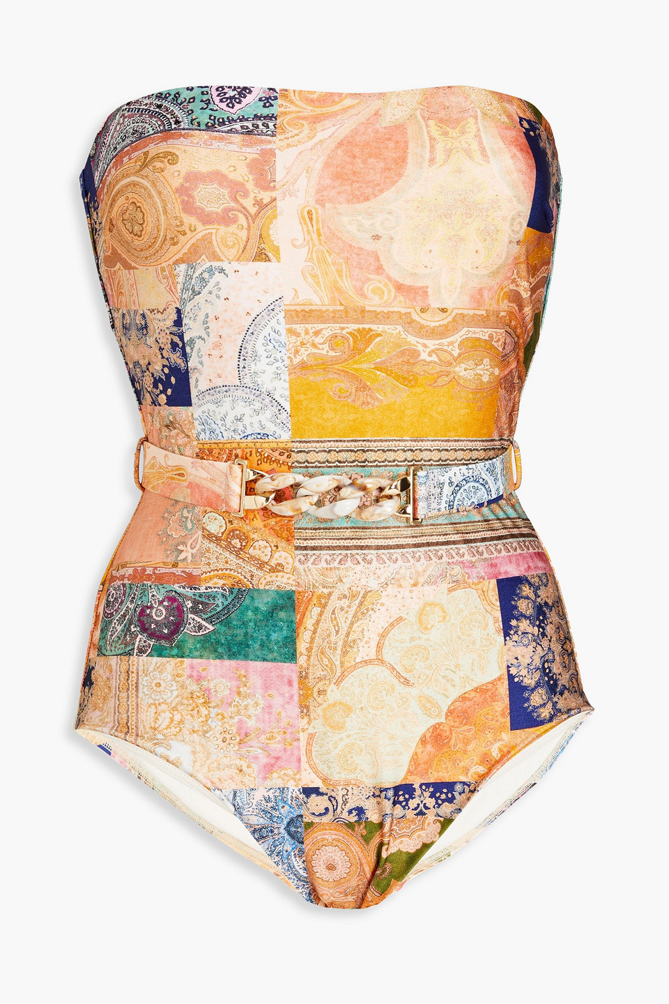 Zimmermann Belted Patchwork-effect Swimsuit In Marigold