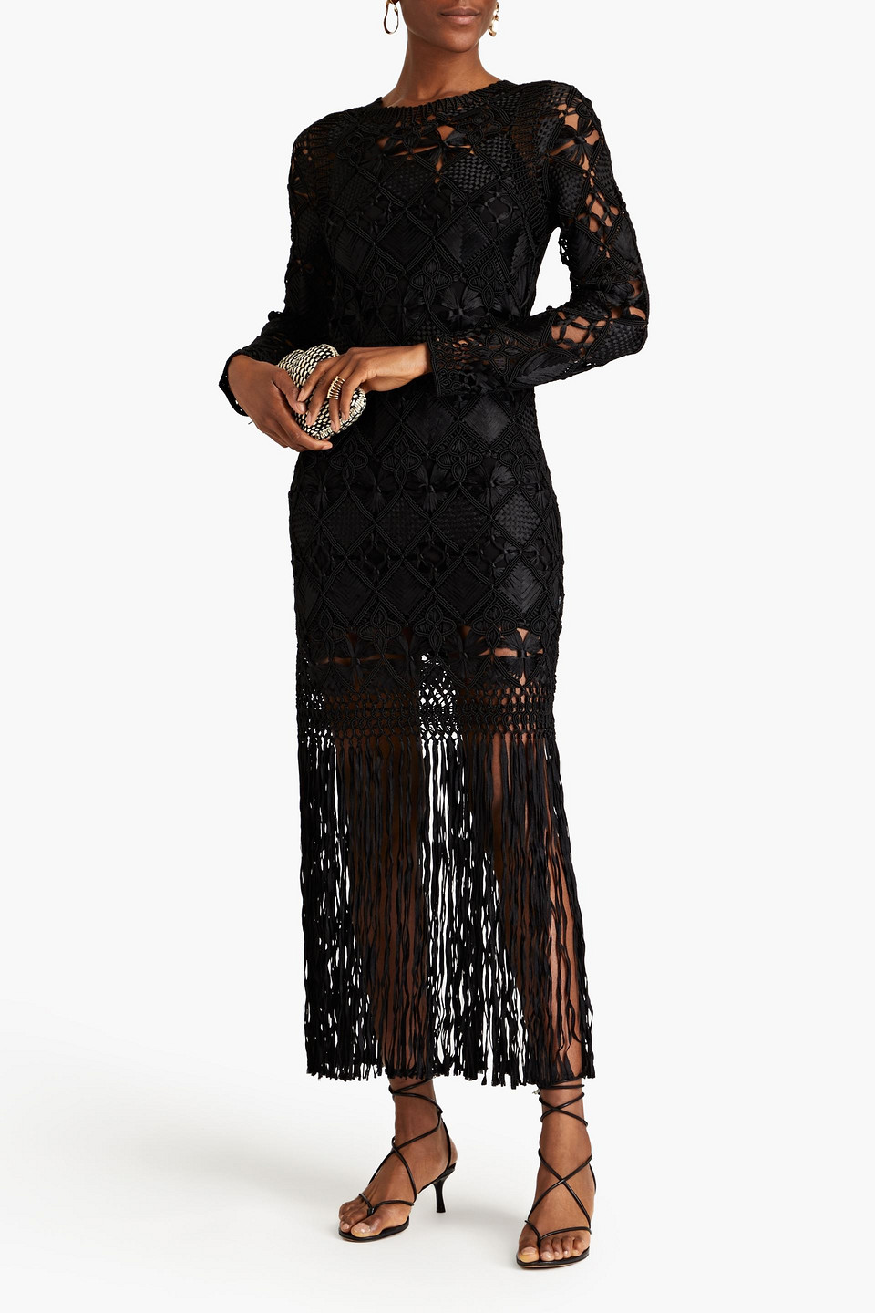 Shop Zimmermann Fringed Macramé Midi Dress In Black