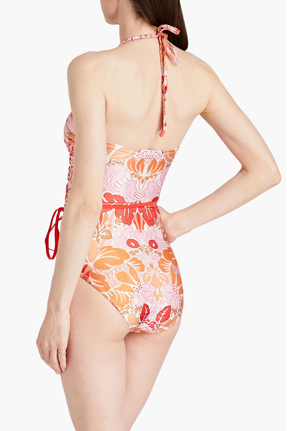 Shop Zimmermann Ruched Paisley-print Halterneck Swimsuit In Baby Pink