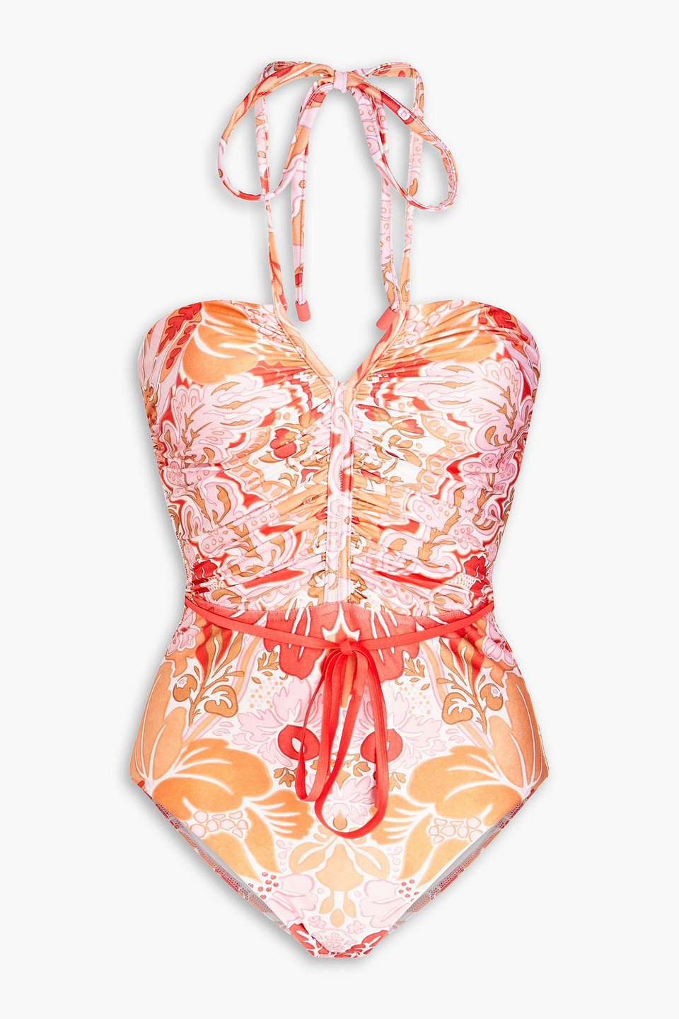 Shop Zimmermann Ruched Paisley-print Halterneck Swimsuit In Baby Pink